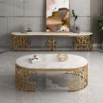 מזנון יוקרתי לסלון עשוי מארבל שיש ונירוסטה מוזהבת דגם REVL